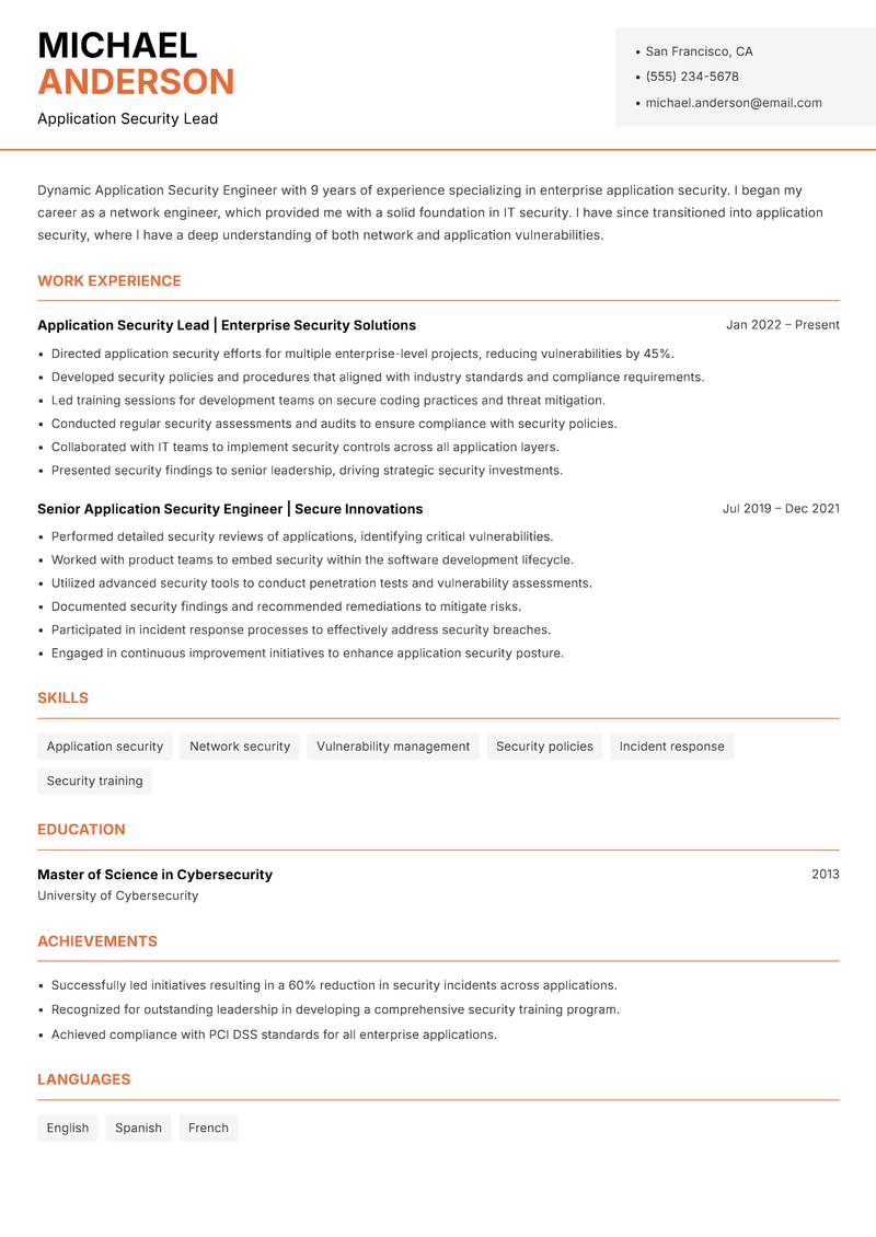 Application Security Engineer resume sample — Application Security Lead focus