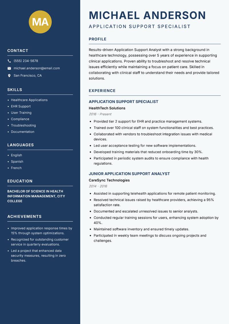 Application Support Analyst resume sample — Application Support Specialist focus