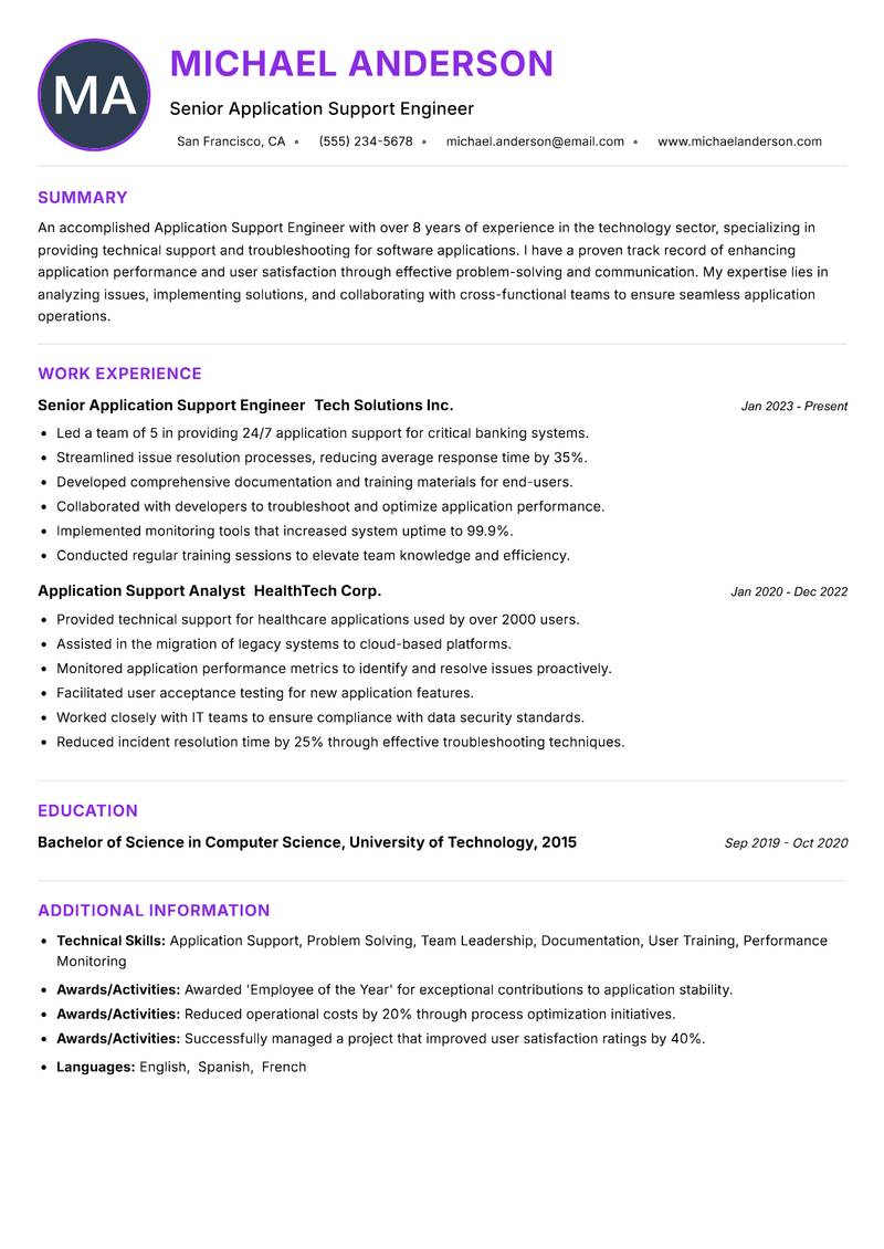 Application Support Engineer resume example