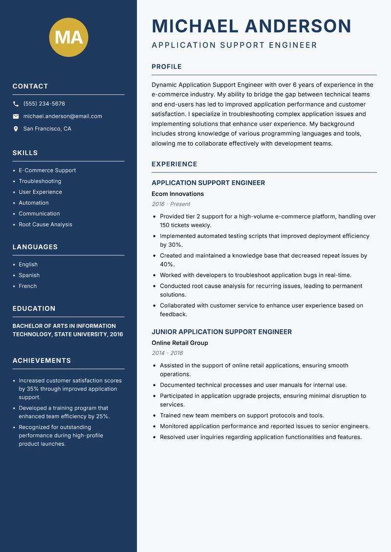 Application Support Engineer resume sample — Application Support Engineer focus