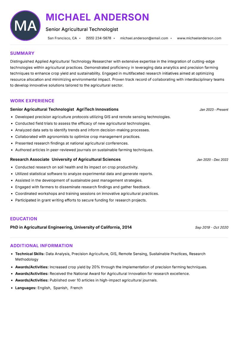 Applied Agricultural Technology Researcher resume example
