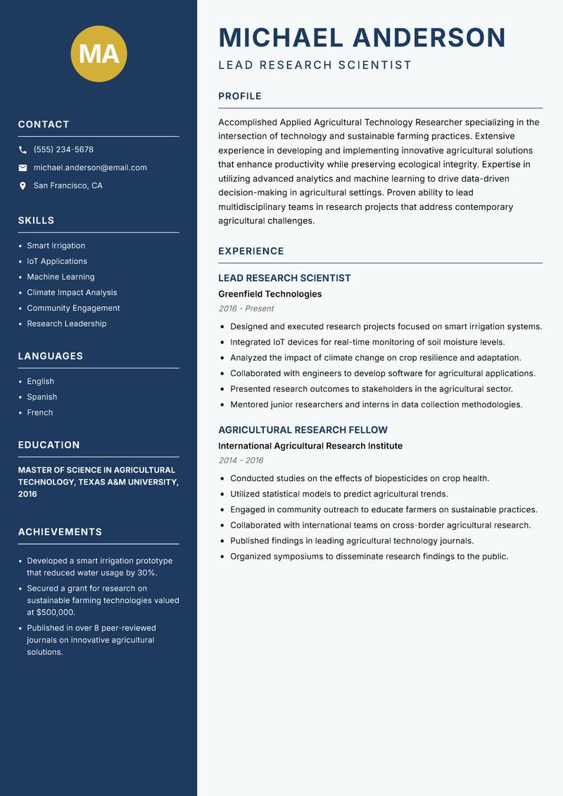 Applied Agricultural Technology Researcher resume sample — Lead Research Scientist focus