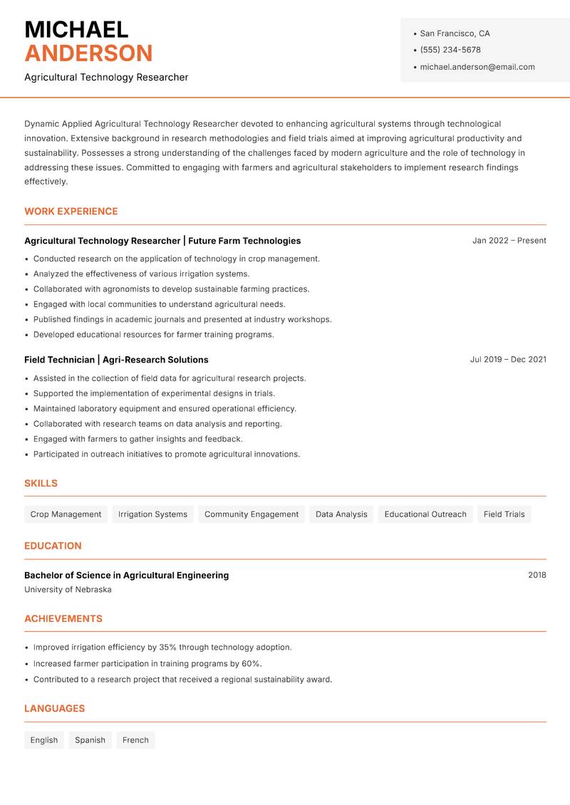 Applied Agricultural Technology Researcher resume sample — Agricultural Technology Researcher focus