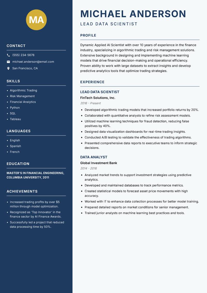 Applied AI Scientist resume sample — Lead Data Scientist focus