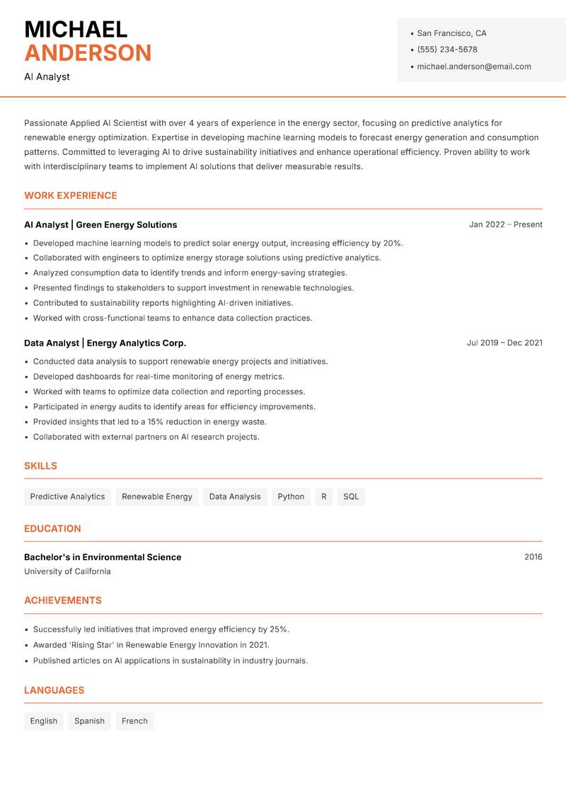 Applied AI Scientist resume sample — AI Analyst focus