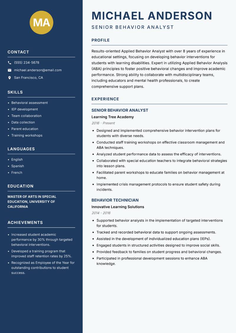 Applied Behavior Analyst resume sample — Senior Behavior Analyst focus