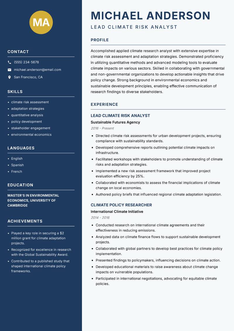 Applied Climate Research Analyst resume sample — Lead Climate Risk Analyst focus