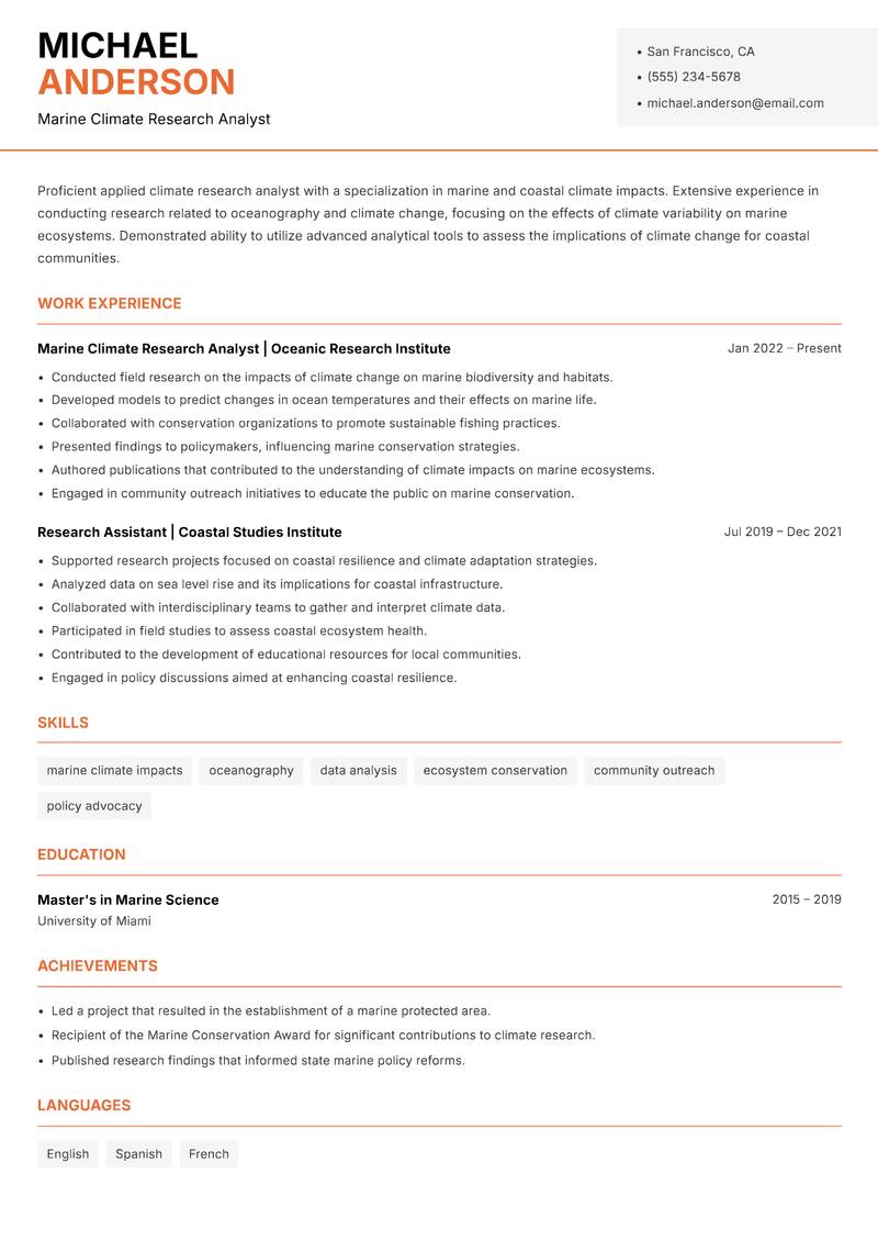 Applied Climate Research Analyst resume sample — Marine Climate Research Analyst focus