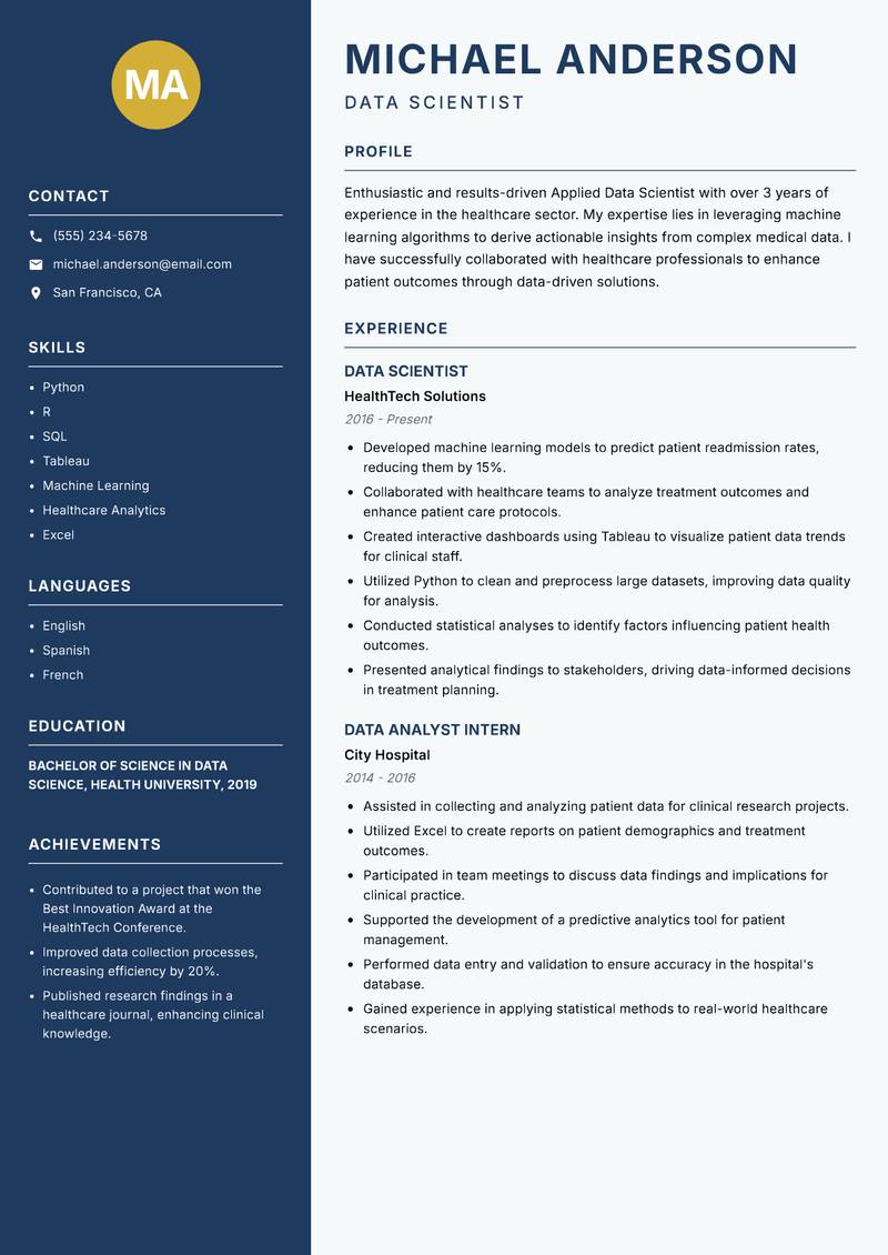 Applied Data Scientist resume sample — Data Scientist focus