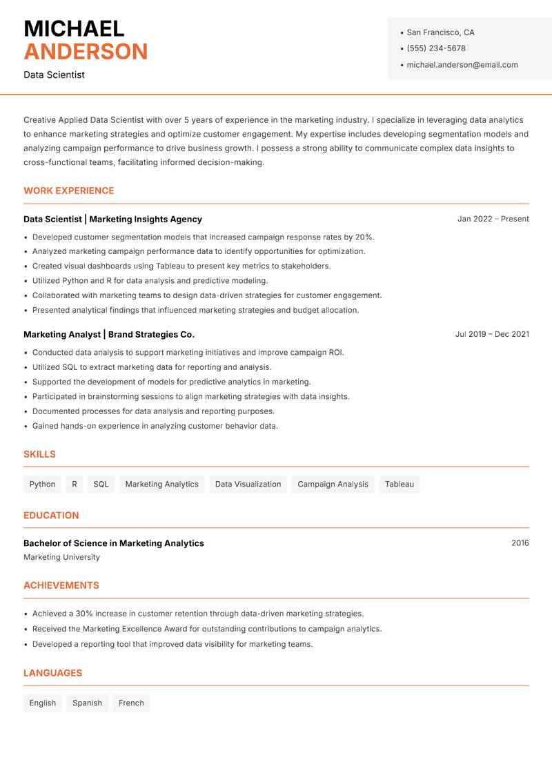 Applied Data Scientist resume sample — Data Scientist focus