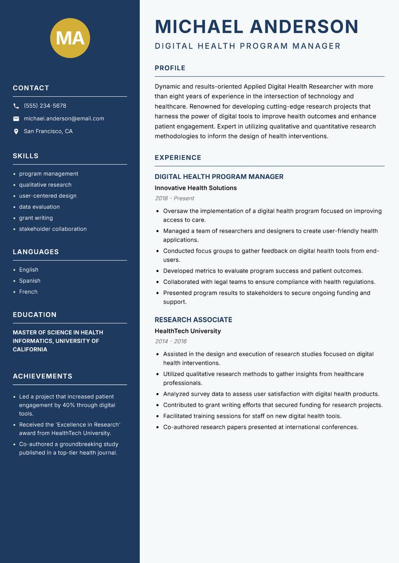 Applied Digital Health Researcher resume sample — Digital Health Program Manager focus