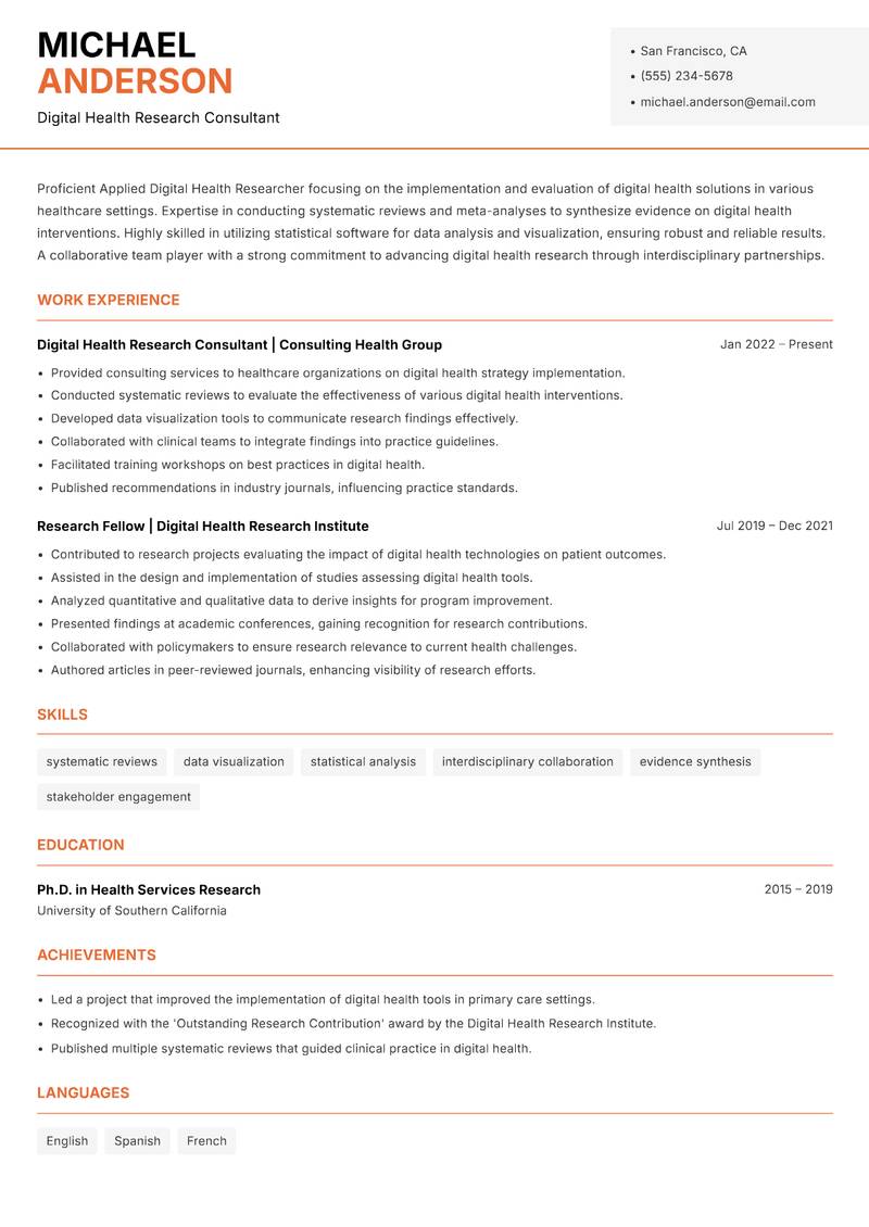 Applied Digital Health Researcher resume sample — Digital Health Research Consultant focus