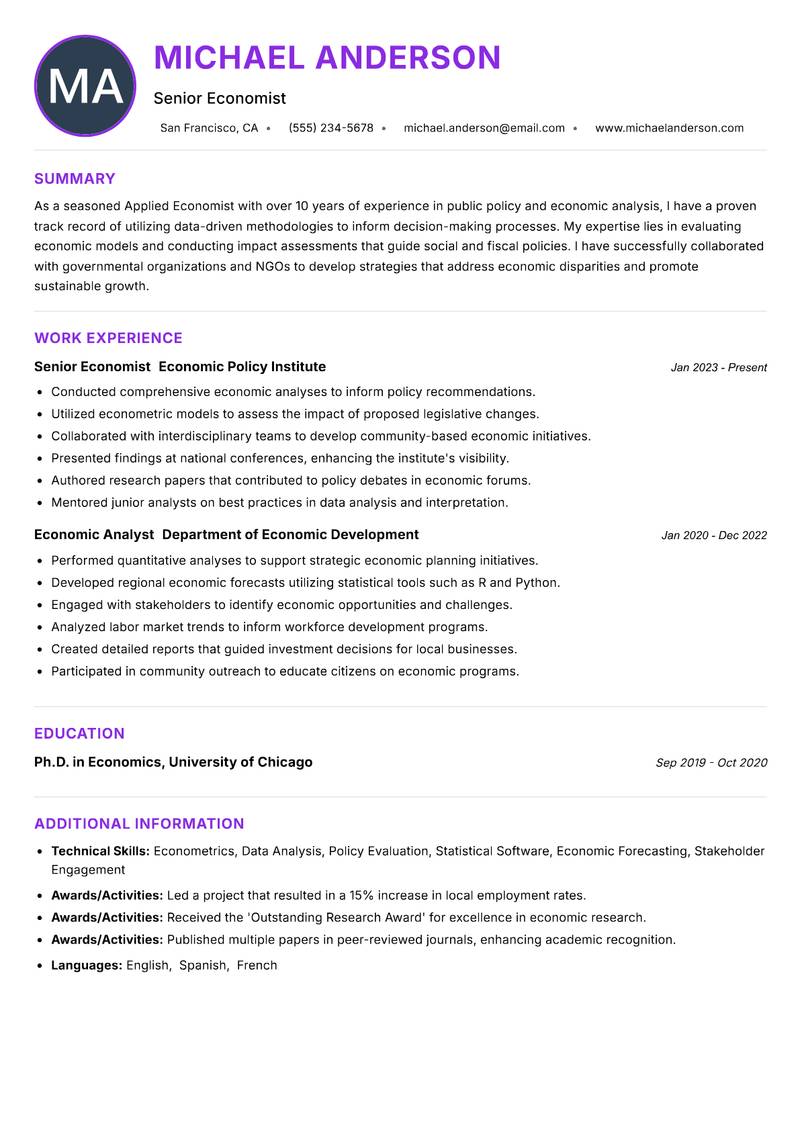 Applied Economist resume example