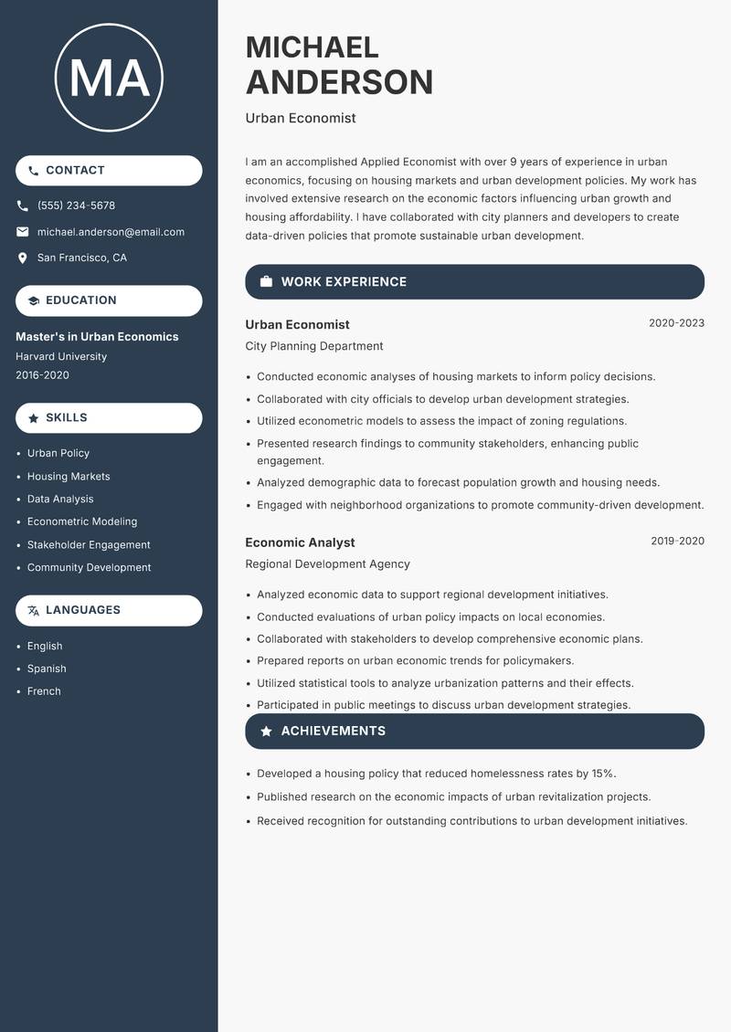 Applied Economist resume sample — Urban Economist focus