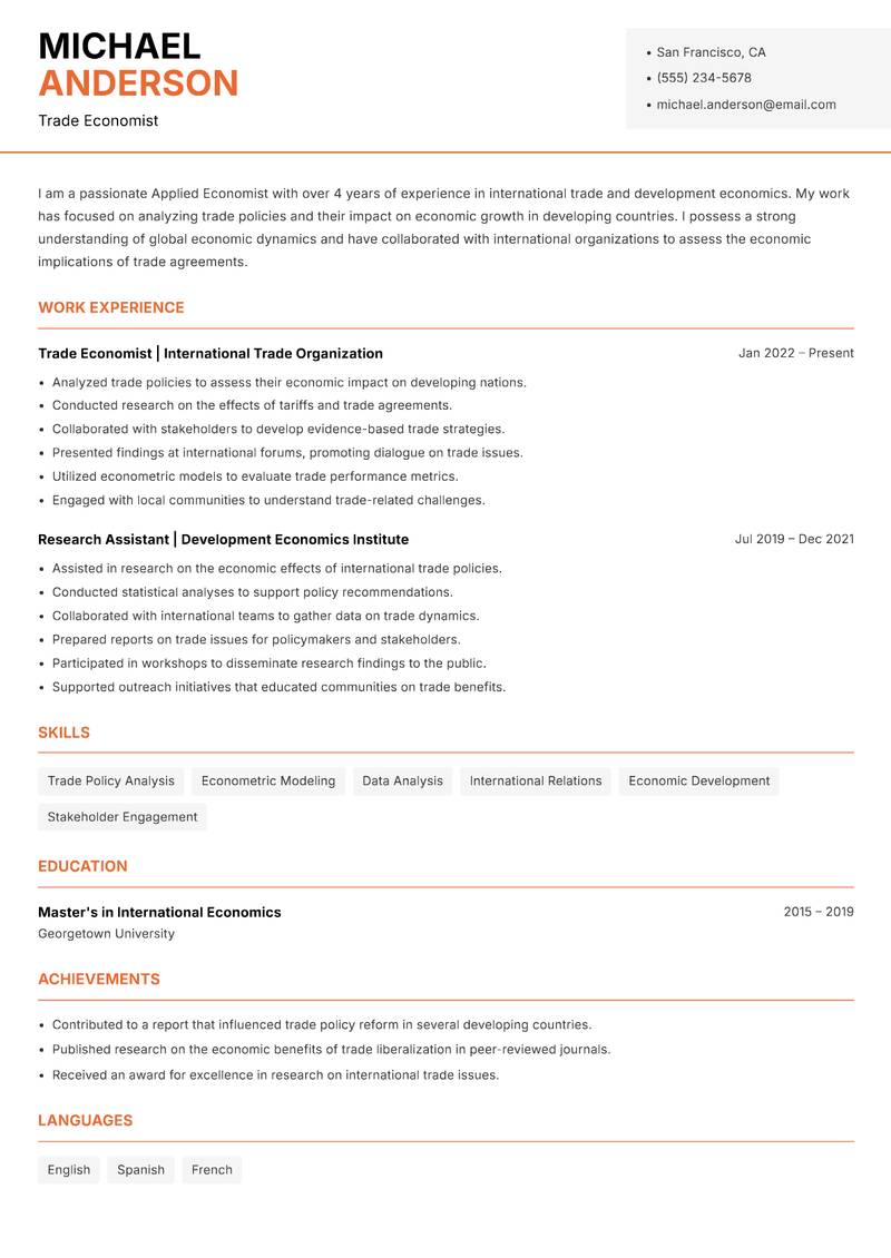 Applied Economist resume sample — Trade Economist focus