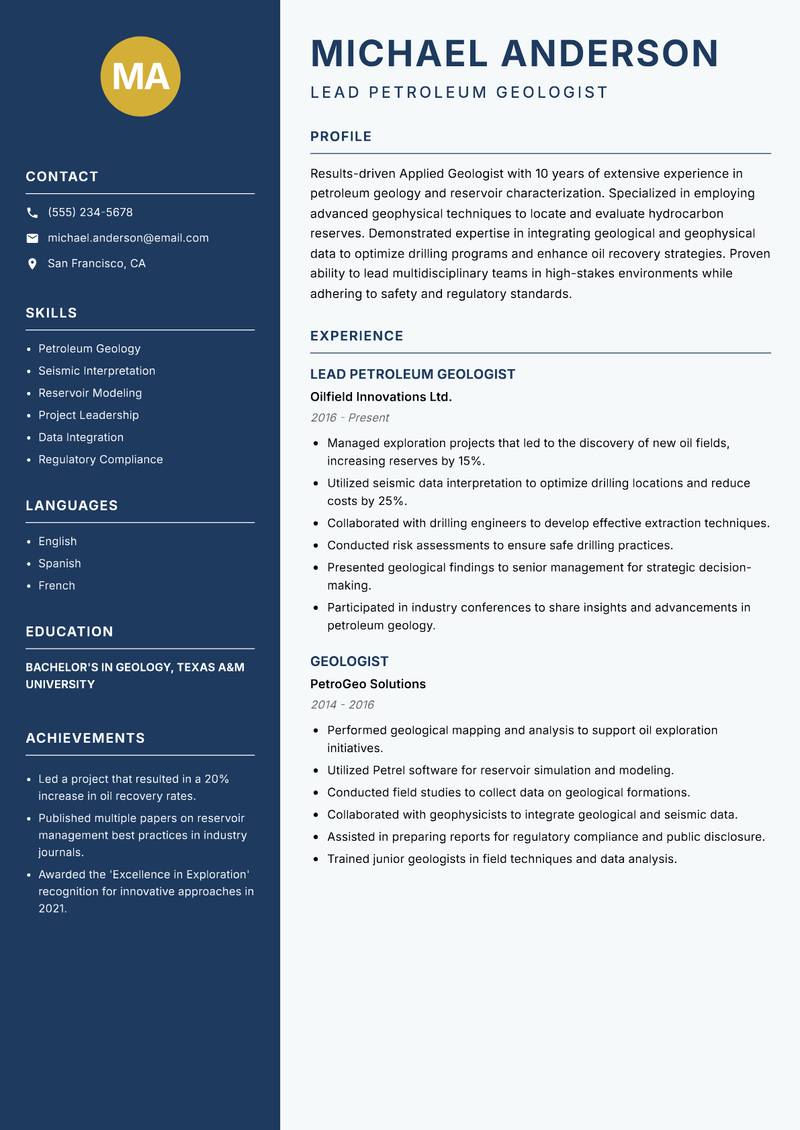Applied Geologist resume sample — Lead Petroleum Geologist focus