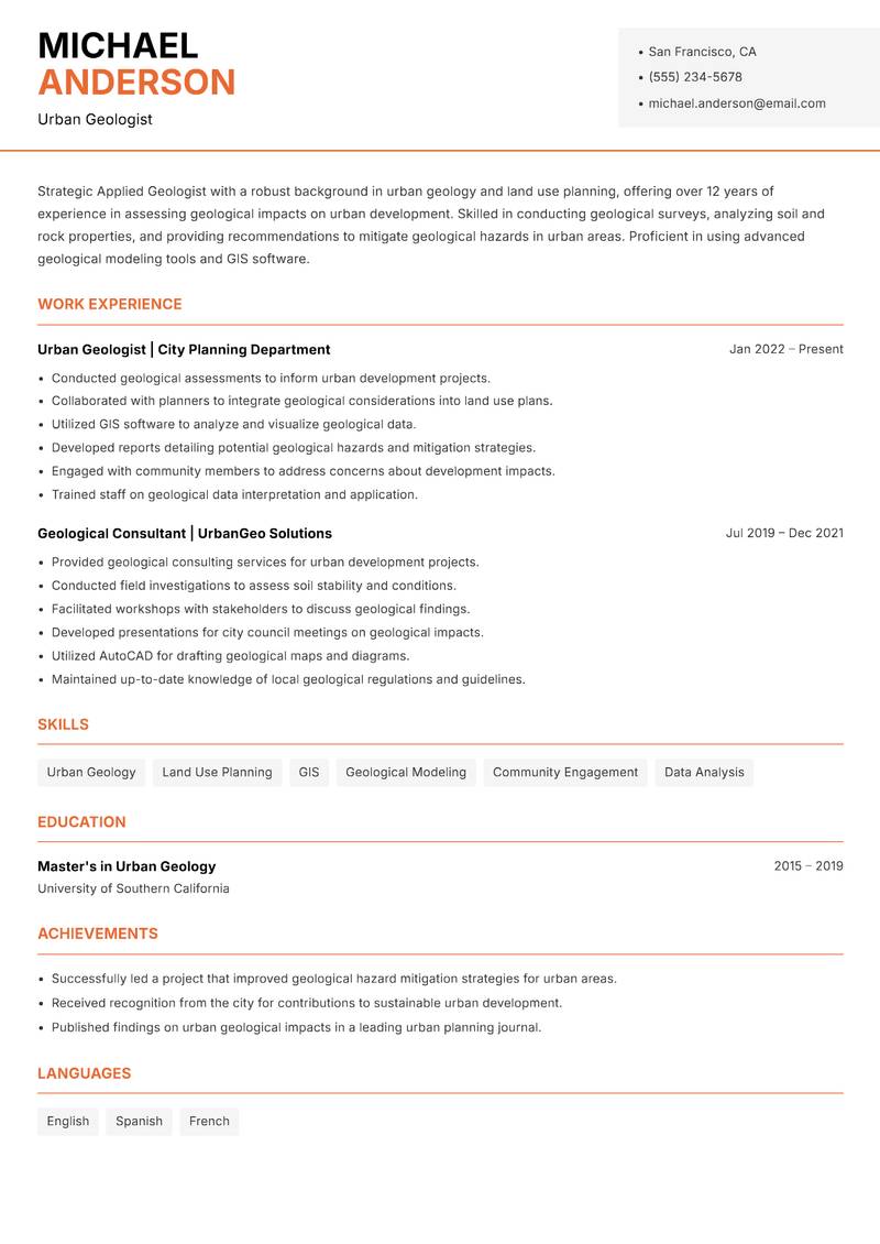 Applied Geologist resume sample — Urban Geologist focus