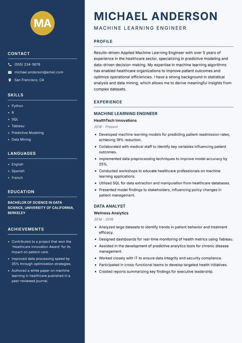 Applied Machine Learning Engineer resume sample — Machine Learning Engineer focus