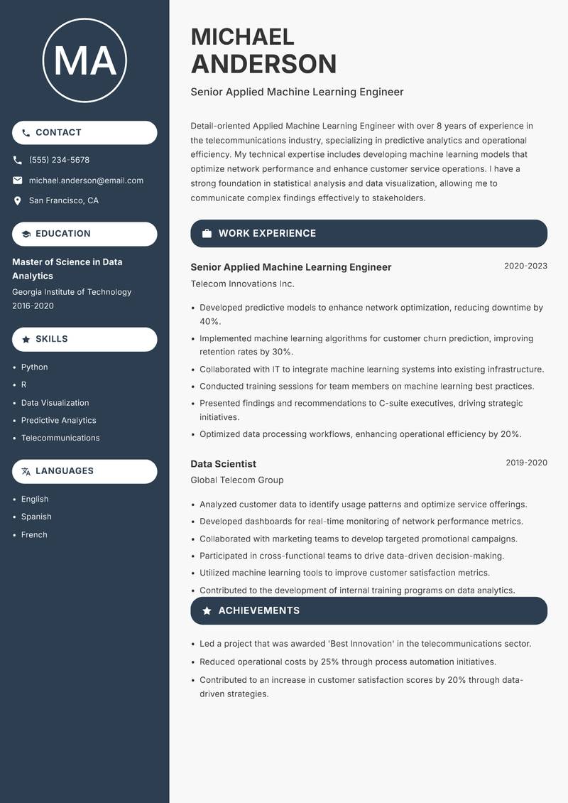 Applied Machine Learning Engineer resume sample — Senior Applied Machine Learning Engineer focus
