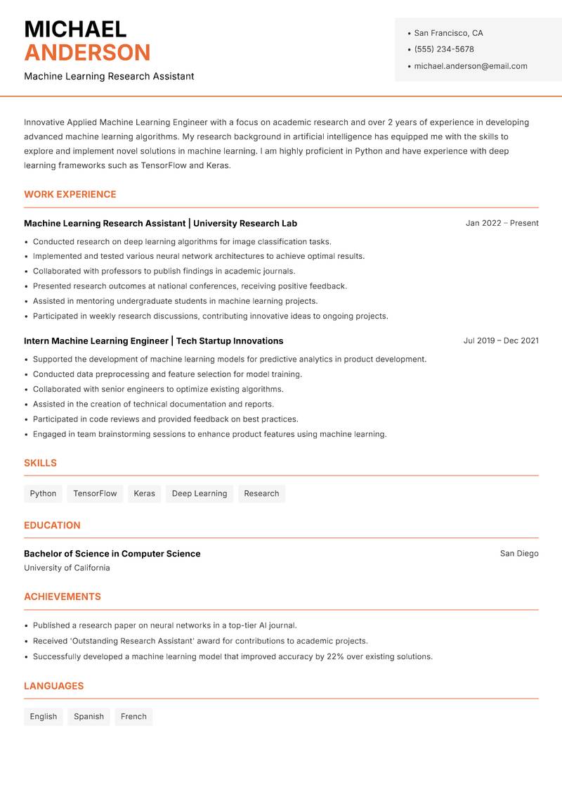 Applied Machine Learning Engineer resume sample — Machine Learning Research Assistant focus