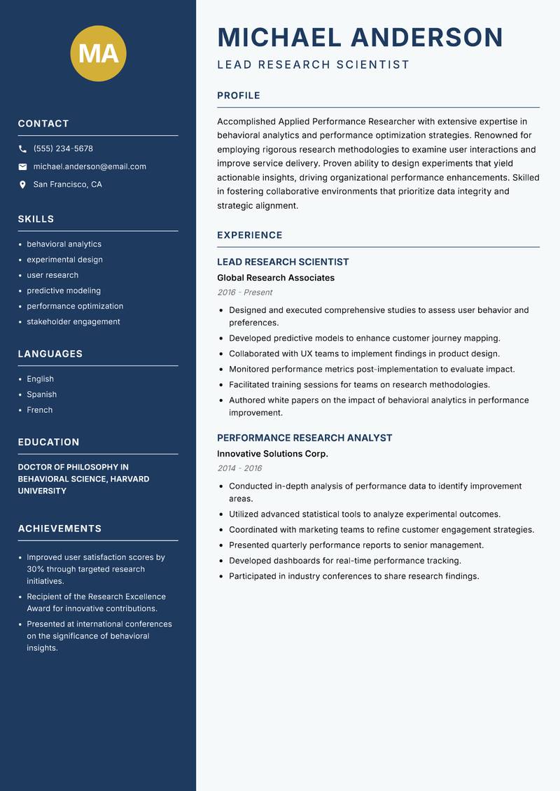 Applied Performance Researcher resume sample — Lead Research Scientist focus