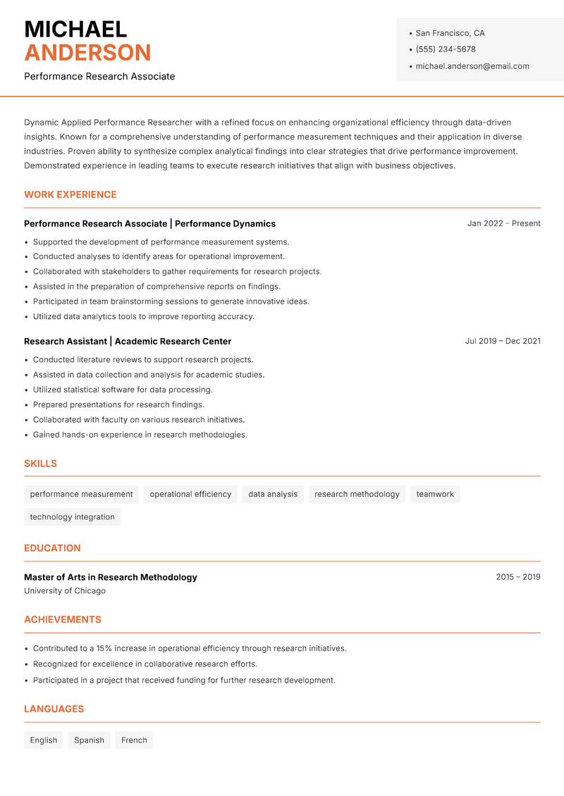 Applied Performance Researcher resume sample — Performance Research Associate focus