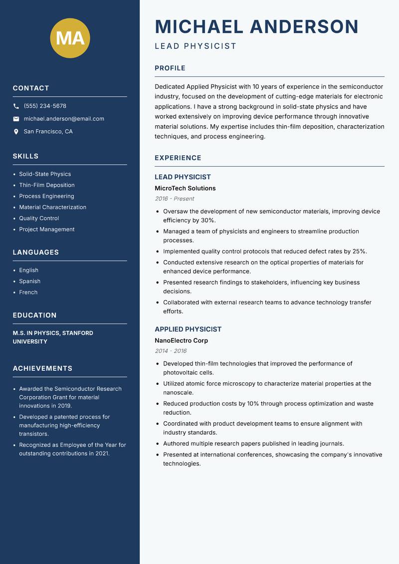 Applied Physicist resume sample — Lead Physicist focus