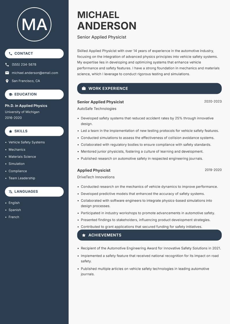 Applied Physicist resume sample — Senior Applied Physicist focus