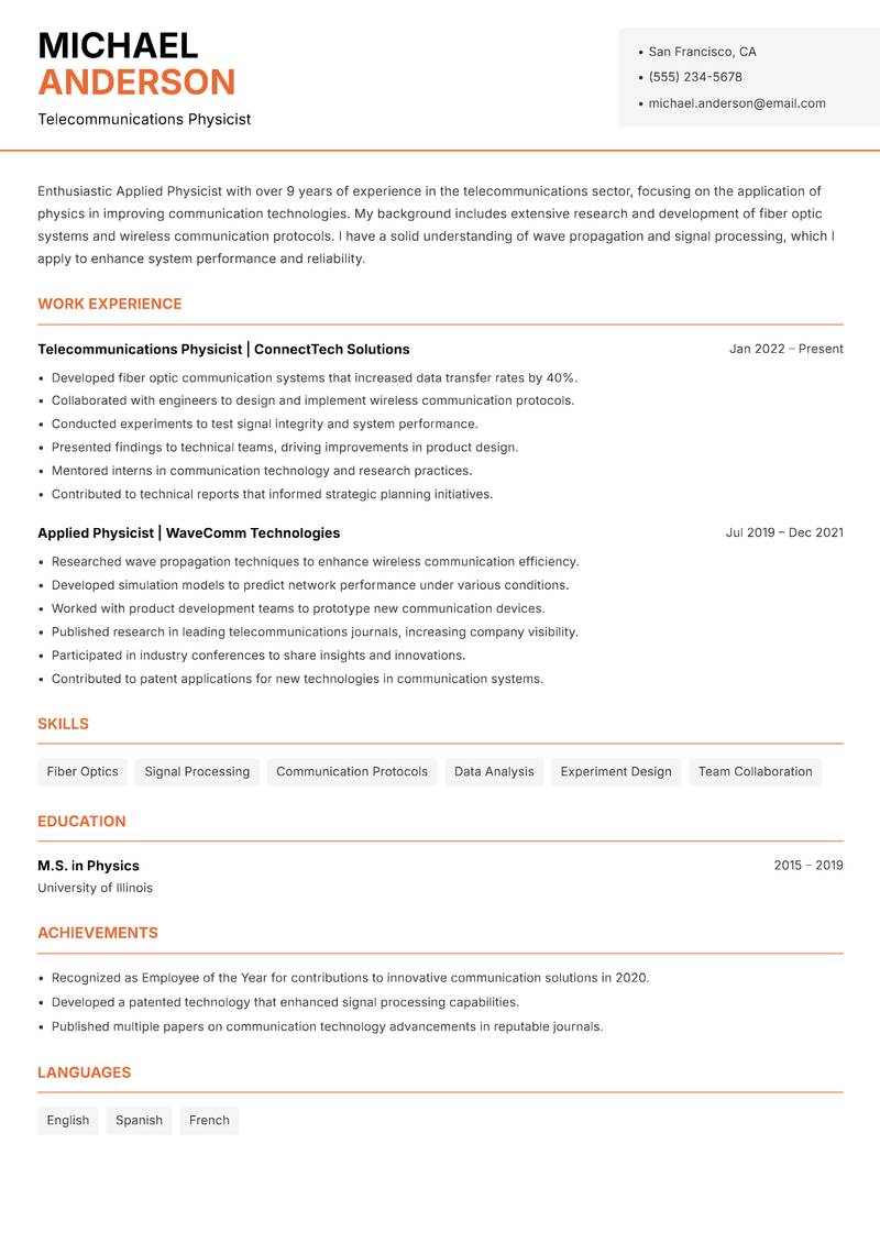 Applied Physicist resume sample — Telecommunications Physicist focus