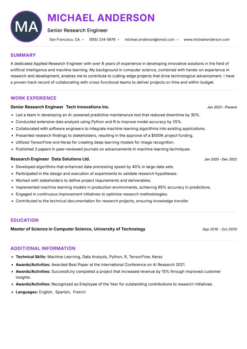 Applied Research Engineer resume example