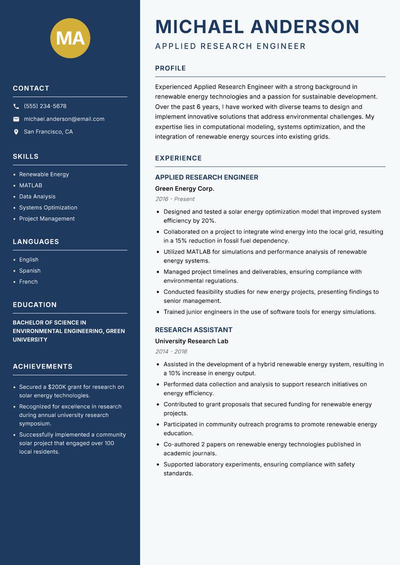 Applied Research Engineer resume sample — Applied Research Engineer focus