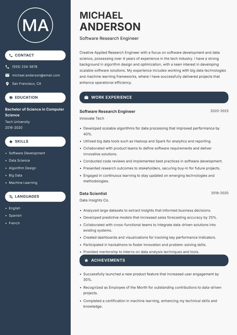 Applied Research Engineer resume sample — Software Research Engineer focus