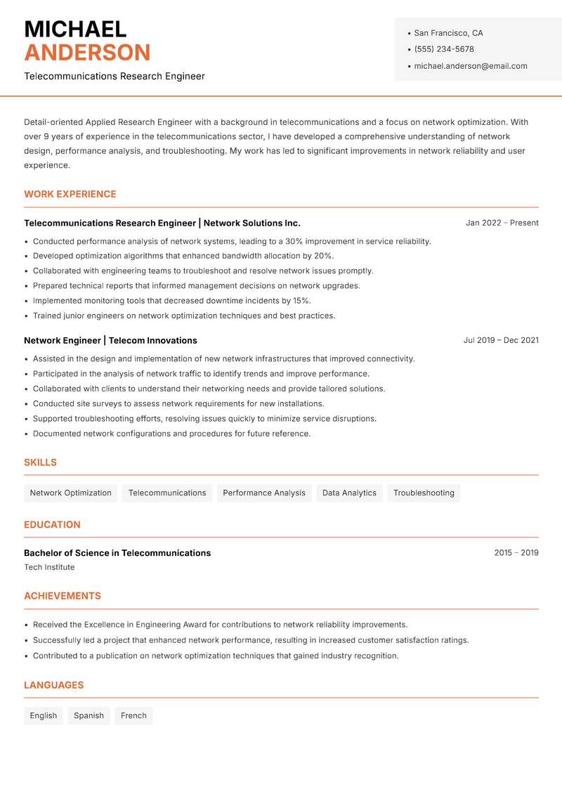 Applied Research Engineer resume sample — Telecommunications Research Engineer focus