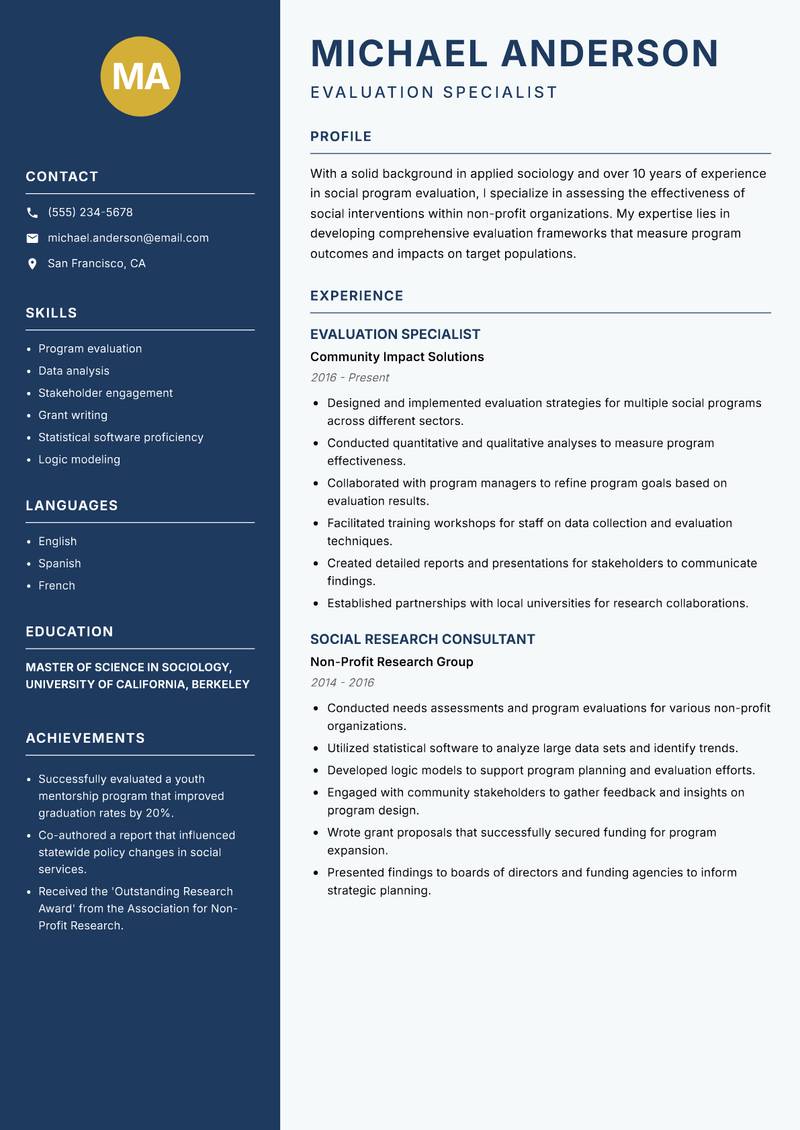 Applied Sociologist resume sample — Evaluation Specialist focus