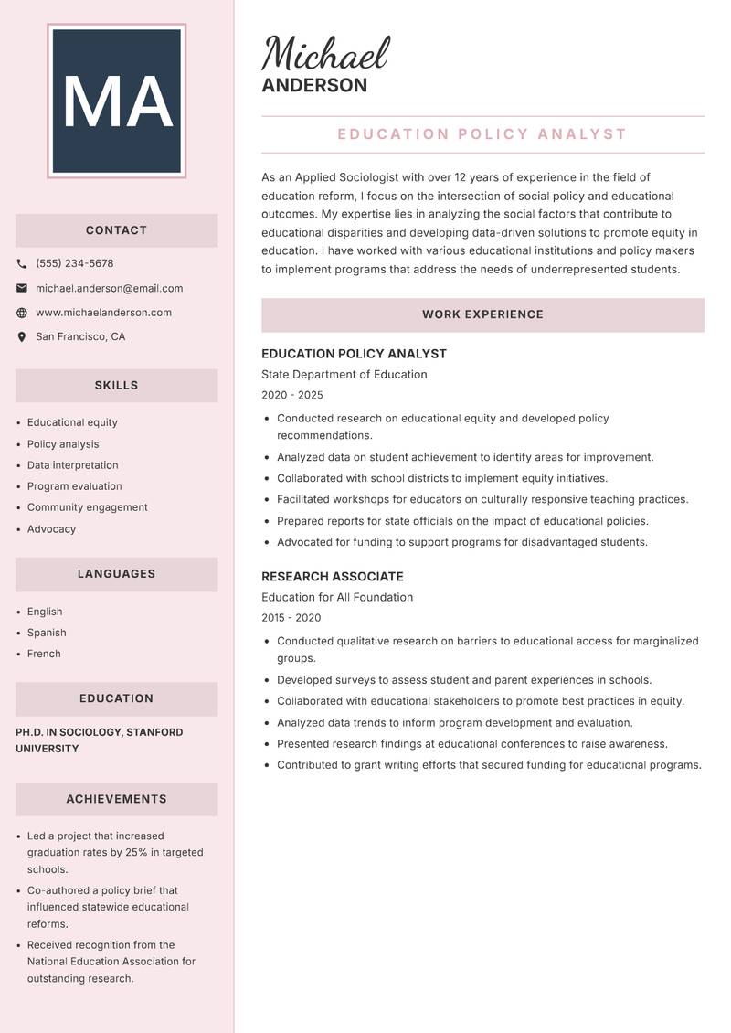 Applied Sociologist resume sample — Education Policy Analyst focus