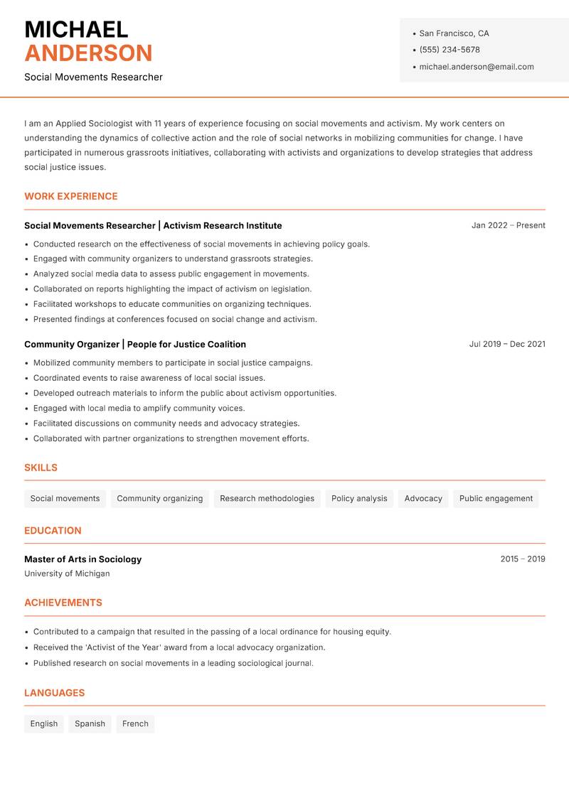 Applied Sociologist resume sample — Social Movements Researcher focus