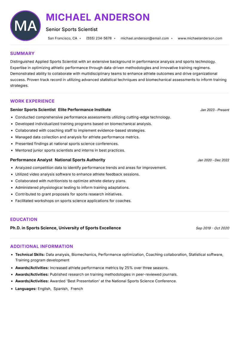 Applied Sports Scientist resume example