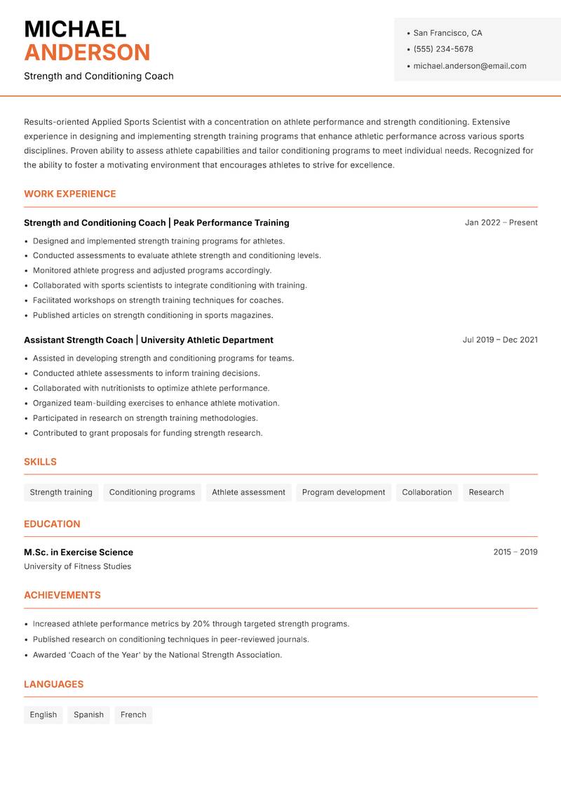 Applied Sports Scientist resume sample — Strength and Conditioning Coach focus