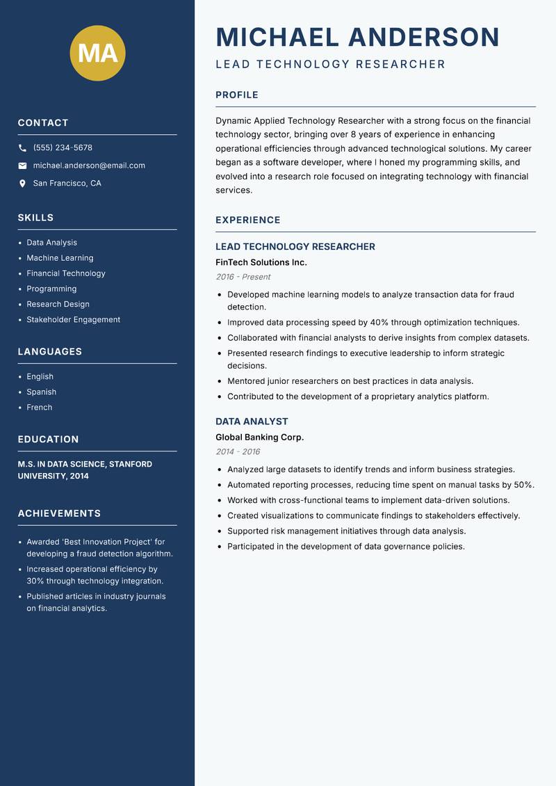 Applied Technology Researcher resume sample — Lead Technology Researcher focus