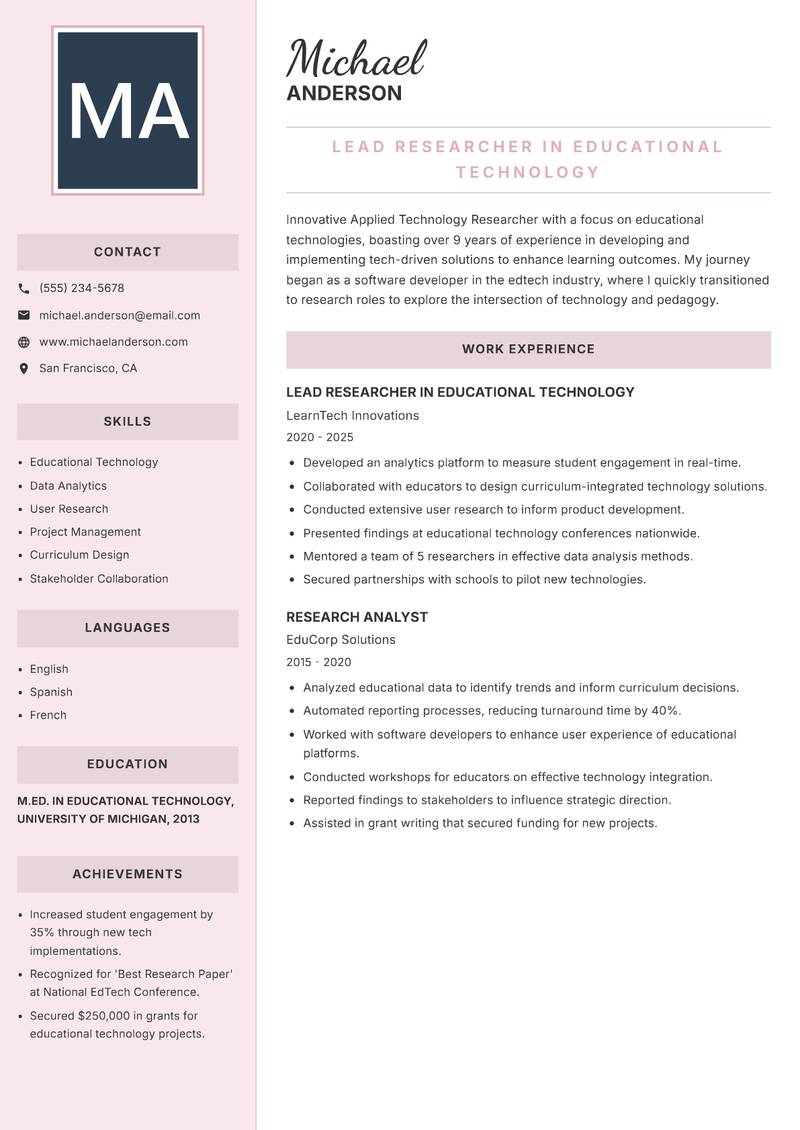 Applied Technology Researcher resume sample — Lead Researcher in Educational Technology focus