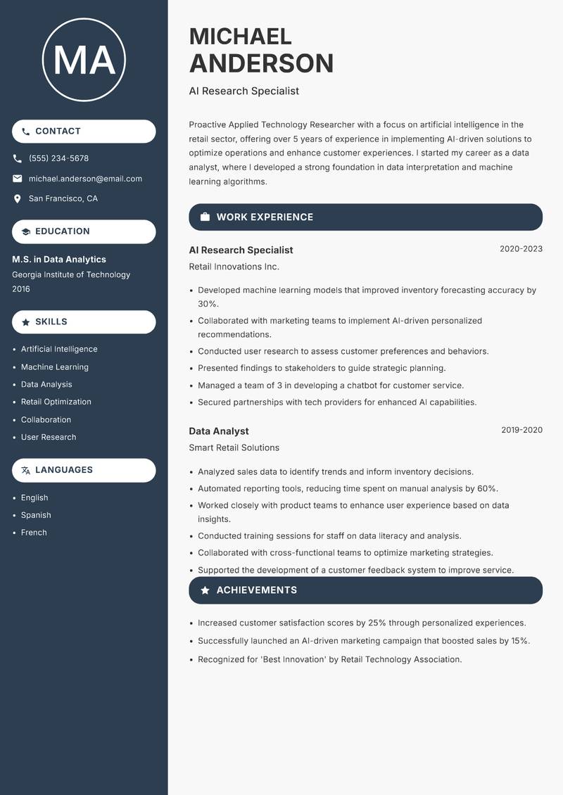 Applied Technology Researcher resume sample — AI Research Specialist focus