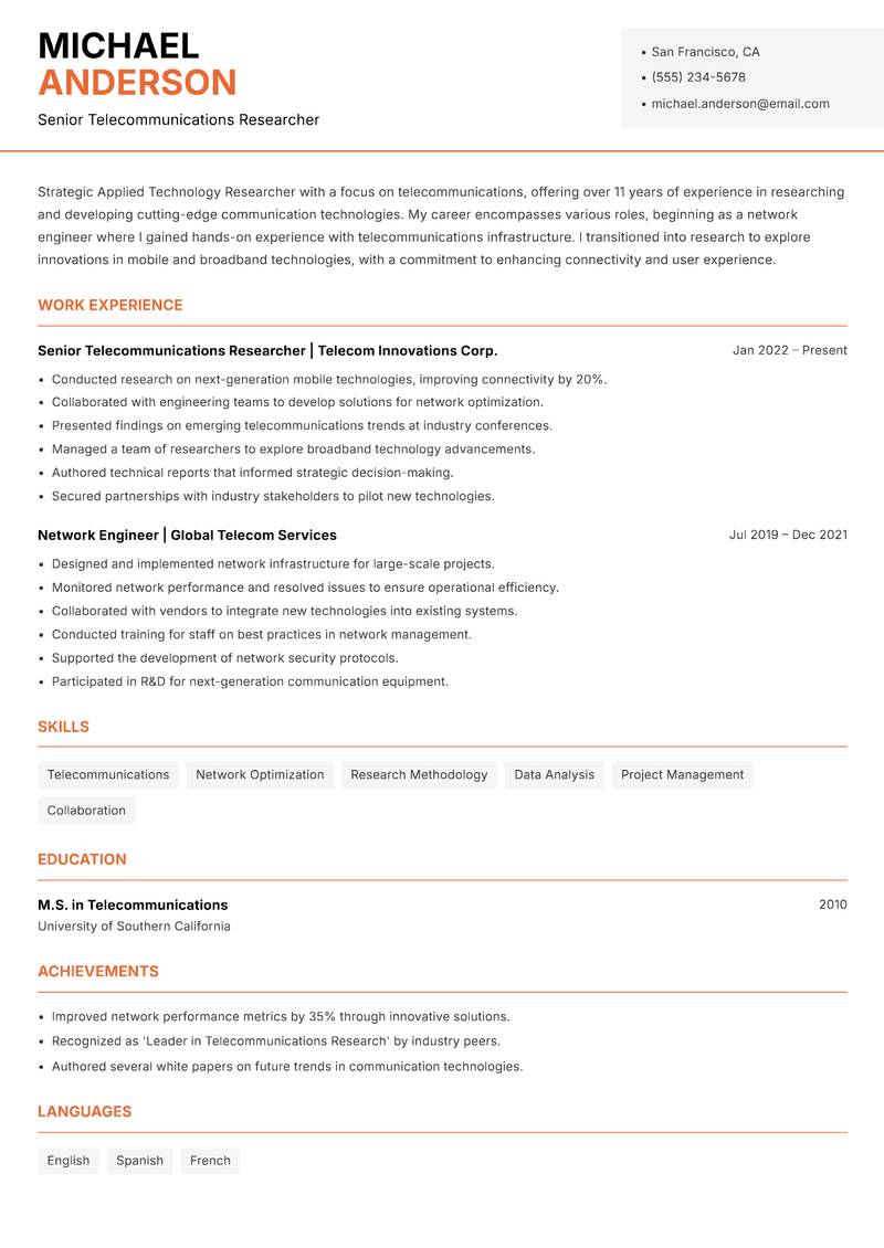 Applied Technology Researcher resume sample — Senior Telecommunications Researcher focus