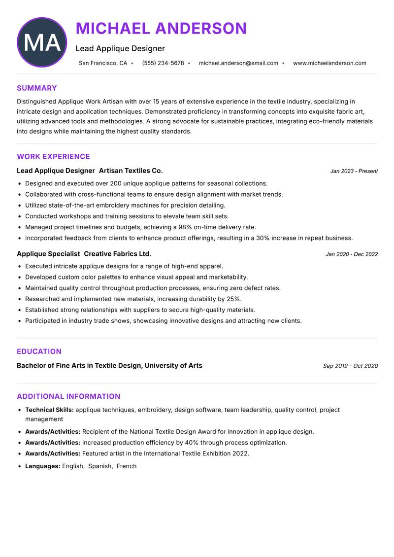 Applique Work Artisan resume example