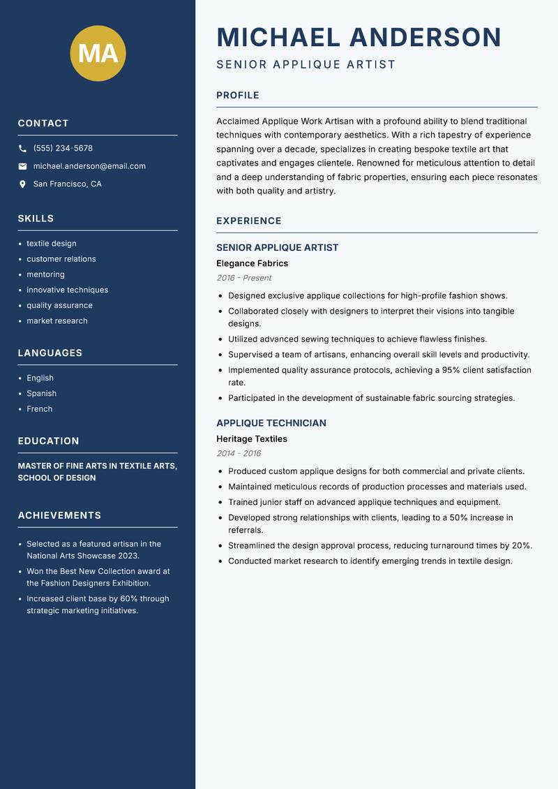 Applique Work Artisan resume sample — Senior Applique Artist focus
