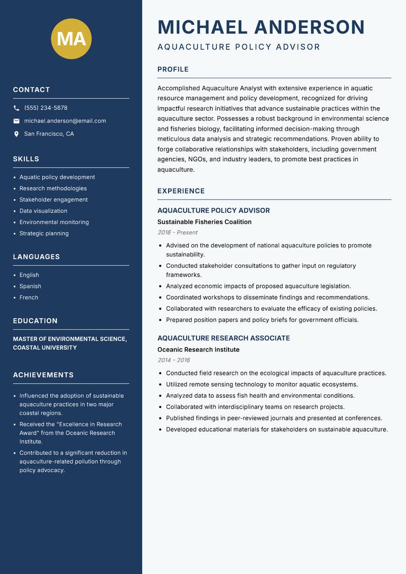 Aquaculture Analyst resume sample — Aquaculture Policy Advisor focus
