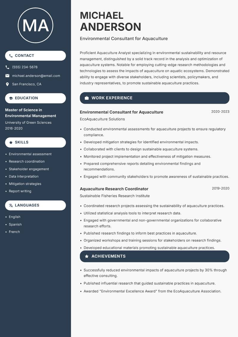 Aquaculture Analyst resume sample — Environmental Consultant for Aquaculture focus