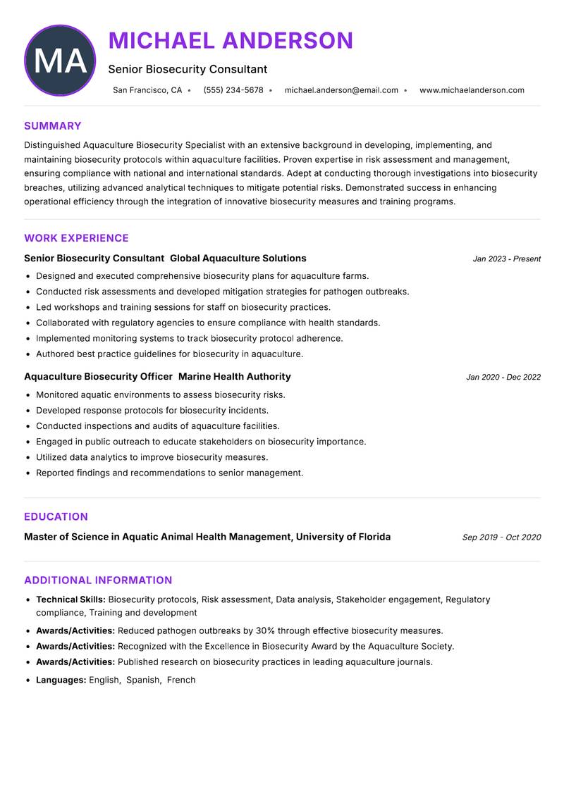 Aquaculture Biosecurity Specialist resume example