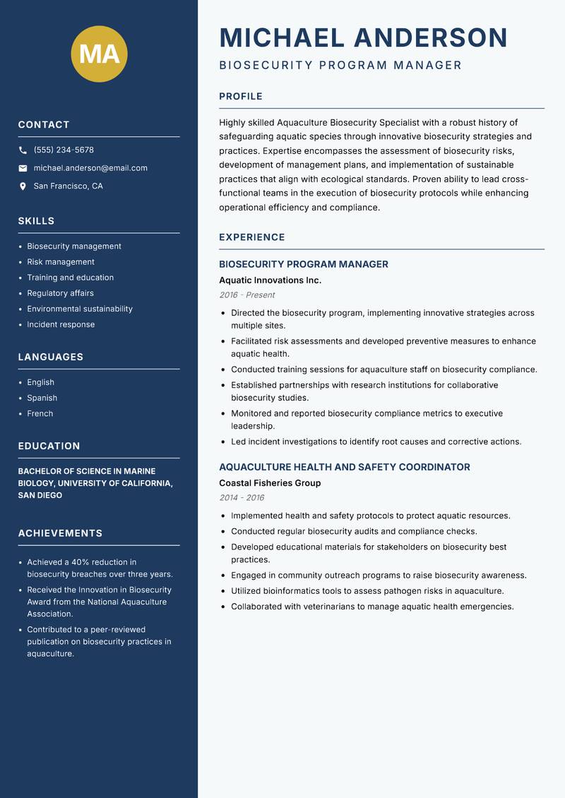 Aquaculture Biosecurity Specialist resume sample — Biosecurity Program Manager focus