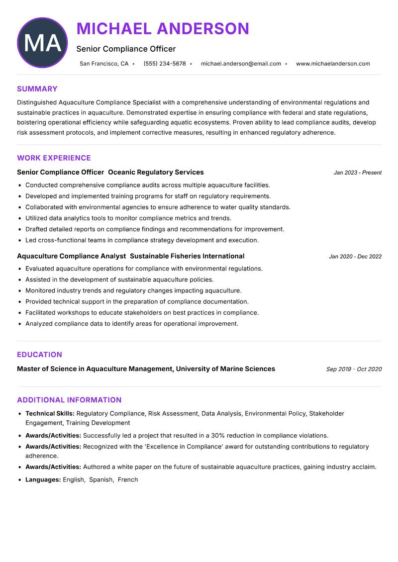 Aquaculture Compliance Specialist resume example