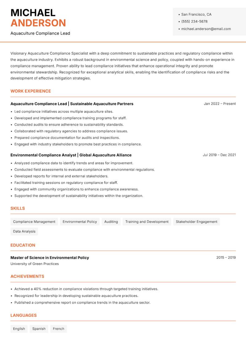 Aquaculture Compliance Specialist resume sample — Aquaculture Compliance Lead focus